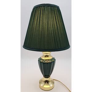 Modern Vintage Forest Green Ceramic & Gold Table Lamp 21" Tall w/ Pleated Shade